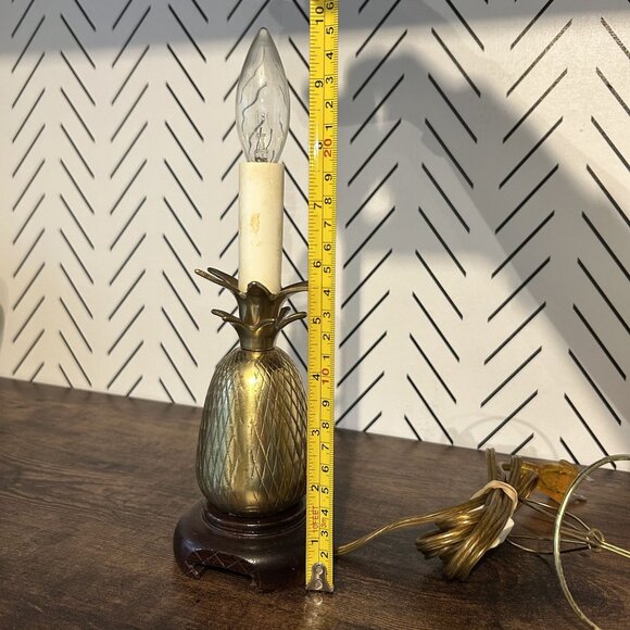 Vintage Brass Pineapple Lamp Wood Base Tropical Decor 10” Table Light - No Shade - Picture 13 of 14